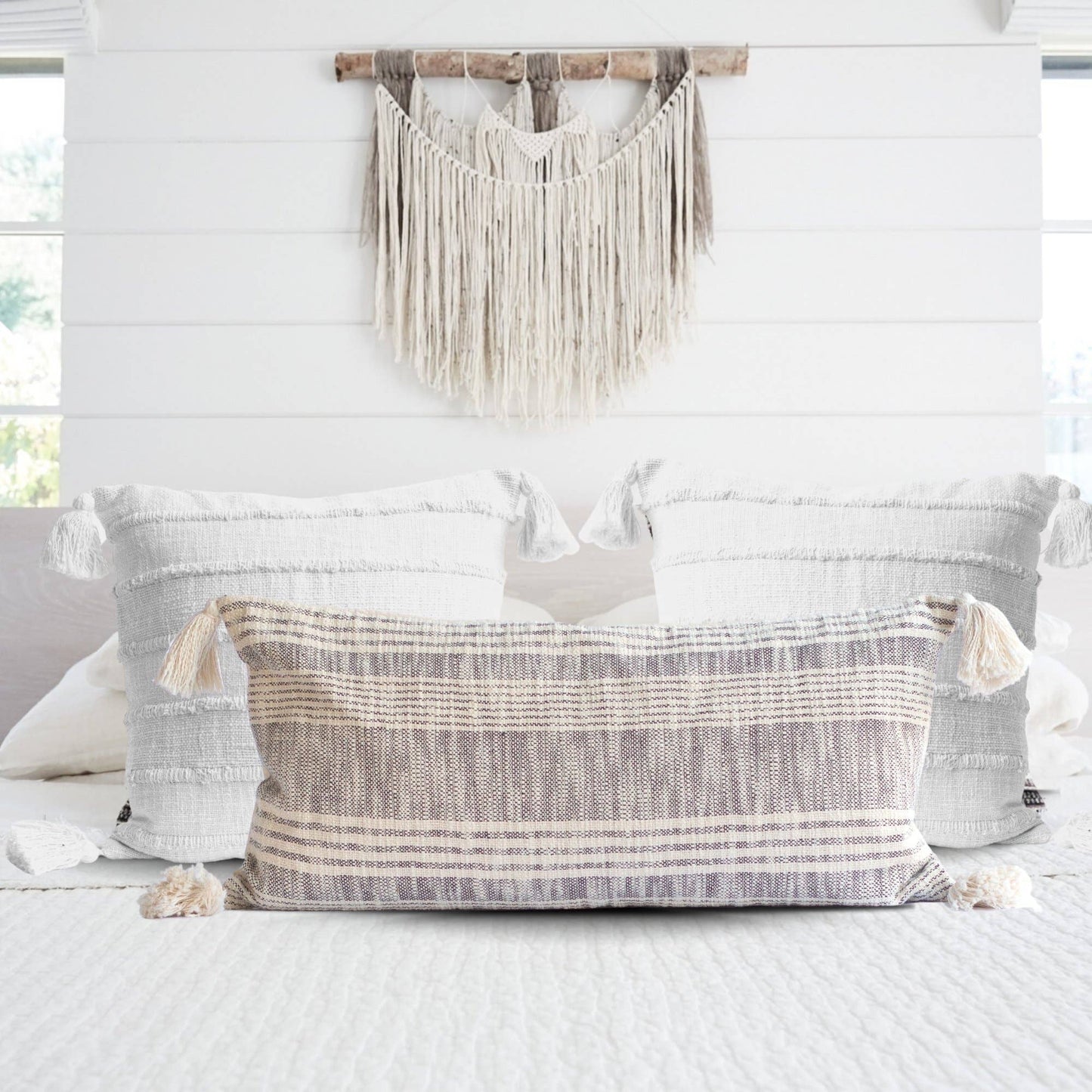 Striped Charcoal and Cream Cotton Pillow with Tassels –Decor