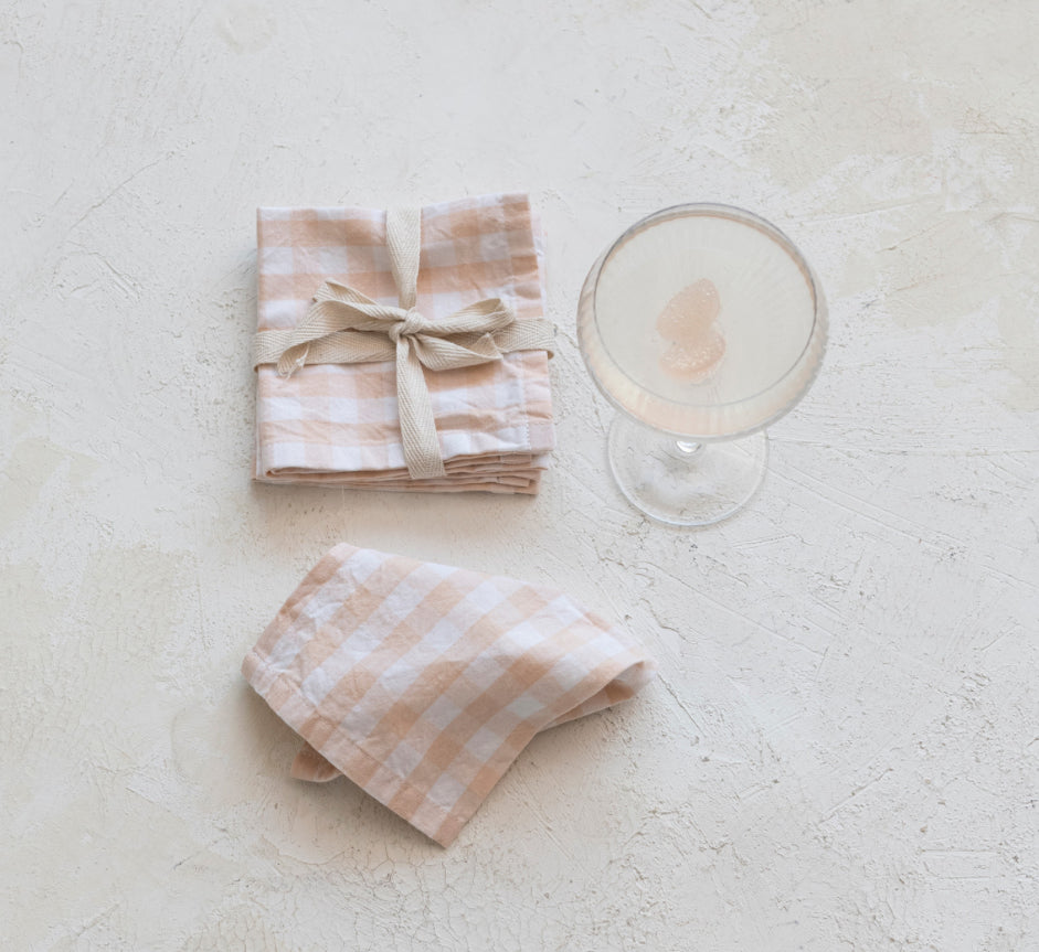 Cotton Cocktail Napkins w/ Gingham Pattern, Blush Color, Set of 4