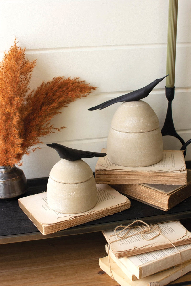 Clay Canisters with Wooden Bird Handles - 2 Sizes