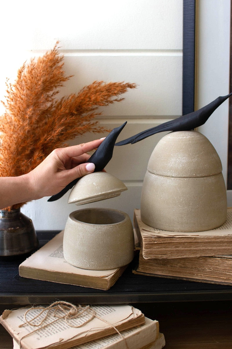 Clay Canisters with Wooden Bird Handles - 2 Sizes