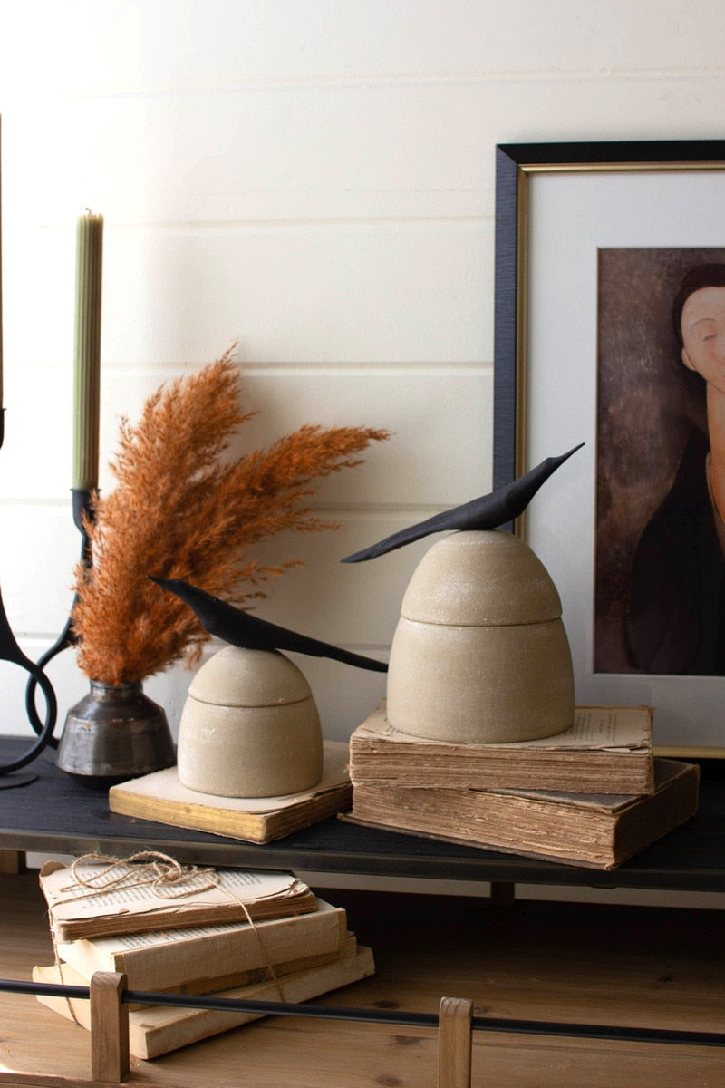 Clay Canisters with Wooden Bird Handles - 2 Sizes