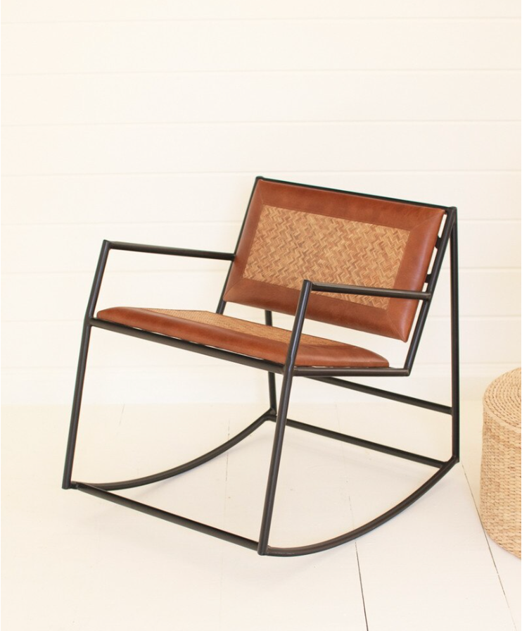 Rocking Iron Chair with Leather and Woven Cane