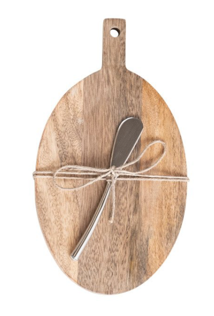 Mango Wood Cheese/Cutting Board w/ Handle & Canape Knife, 4 Styles