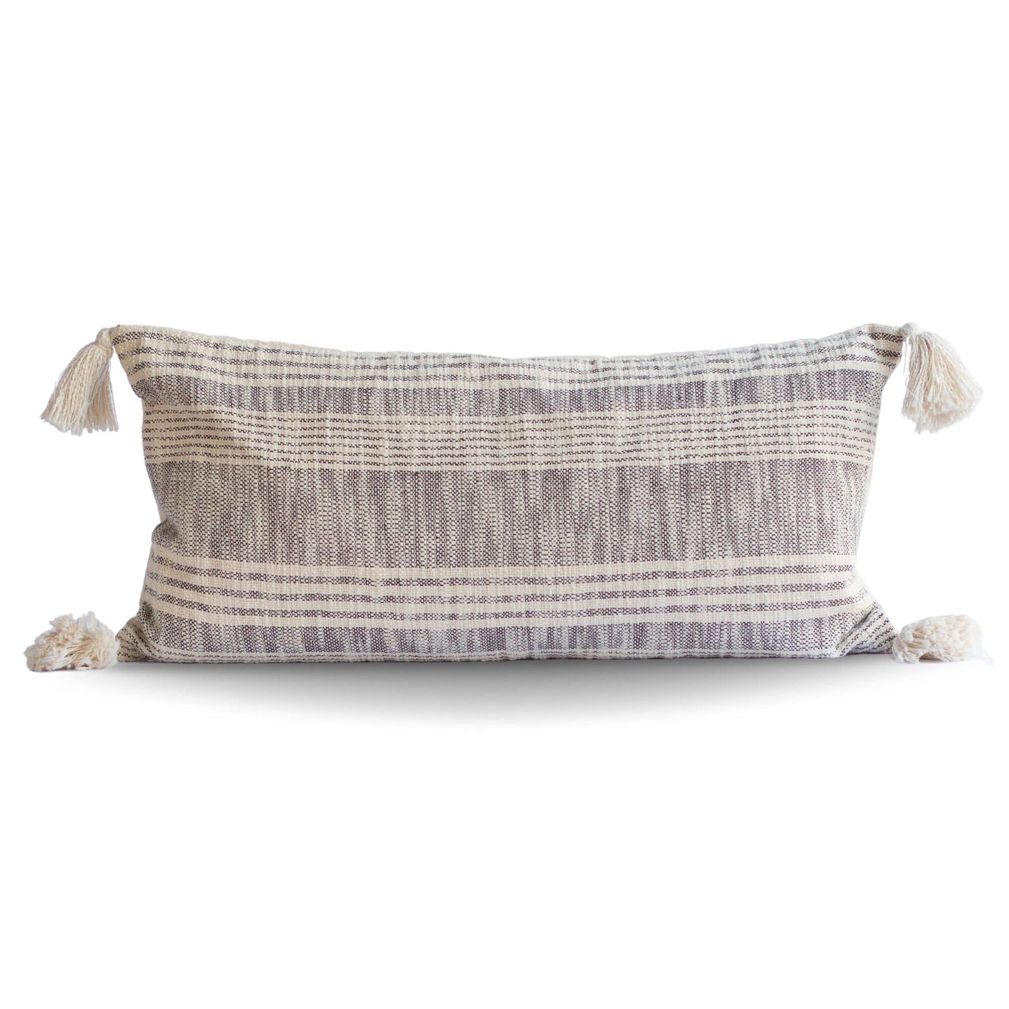Striped Charcoal and Cream Cotton Pillow with Tassels –Decor
