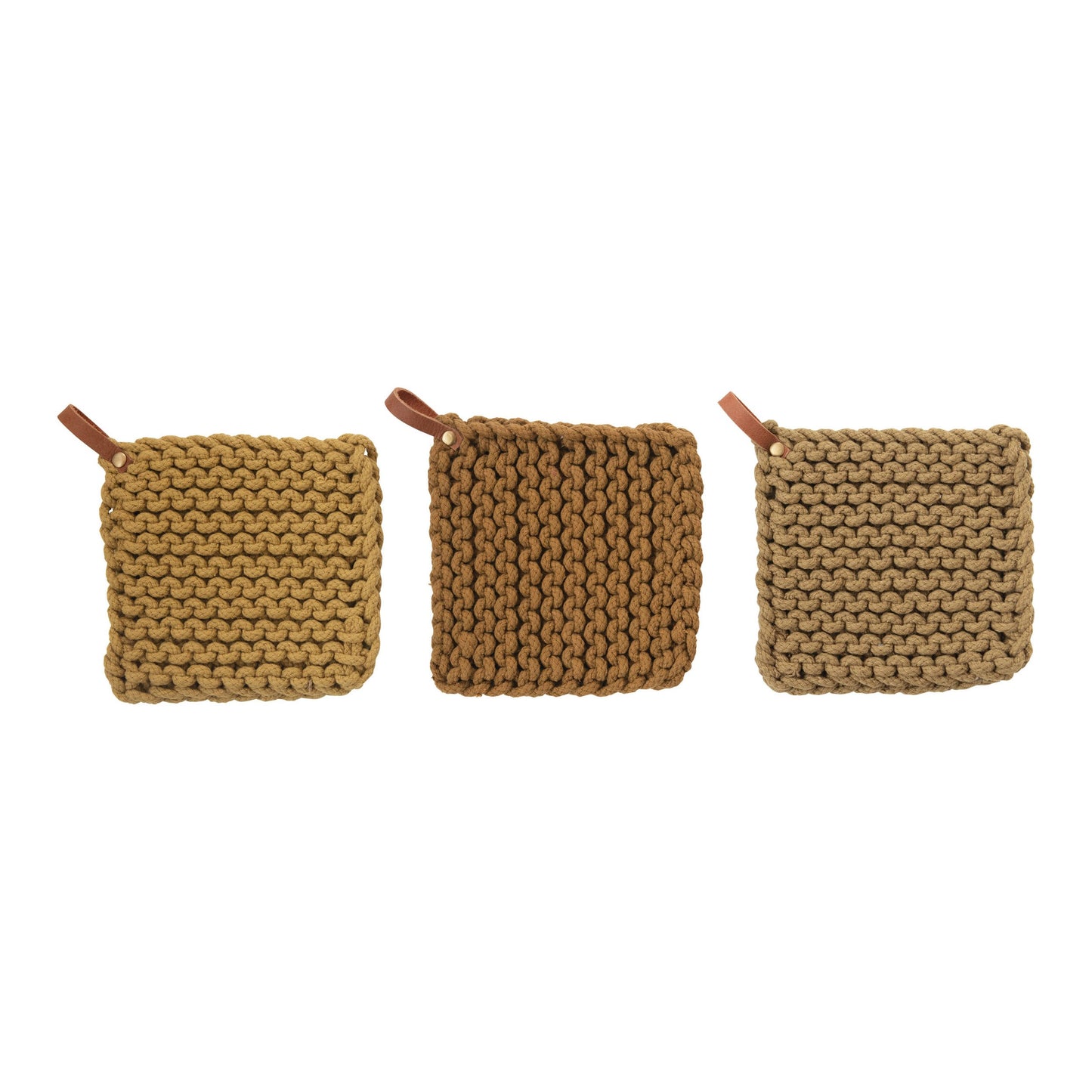 Crocheted Pot Holder with Leather Loop, 3 Colors