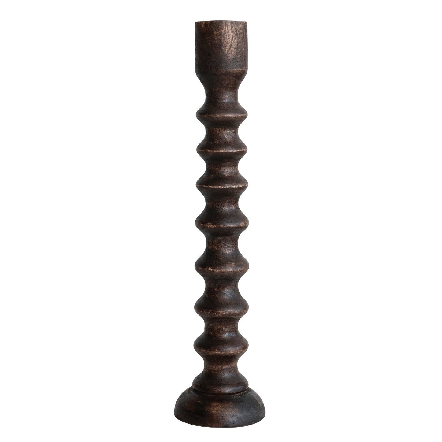Hand-Carved Mango Wood Taper Holder, Walnut Finish