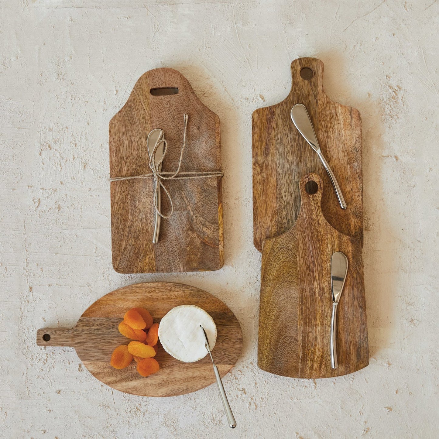 Mango Wood Cheese/Cutting Board w/ Handle & Canape Knife, 4 Styles