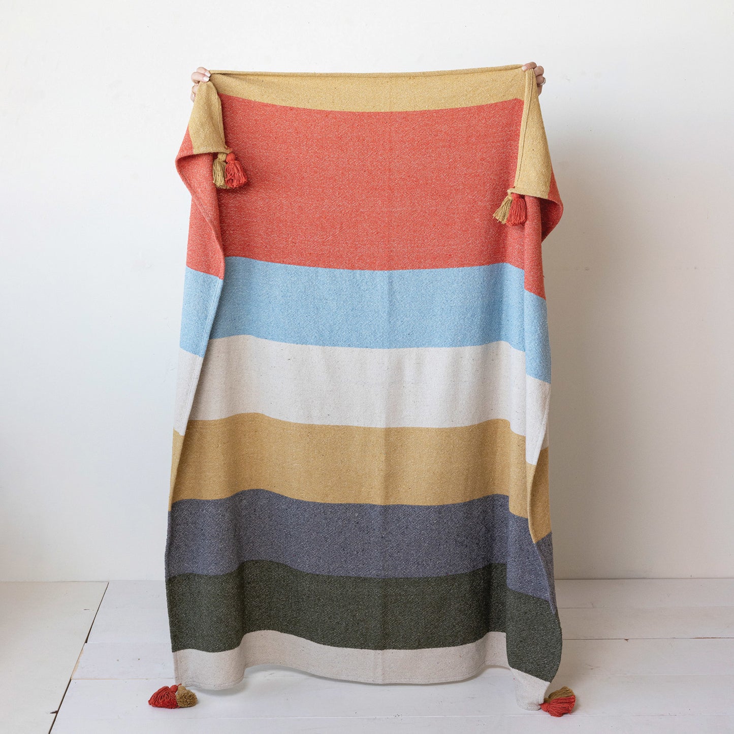 Woven Recycled Cotton Blend Throw w/ Stripes & Tassels