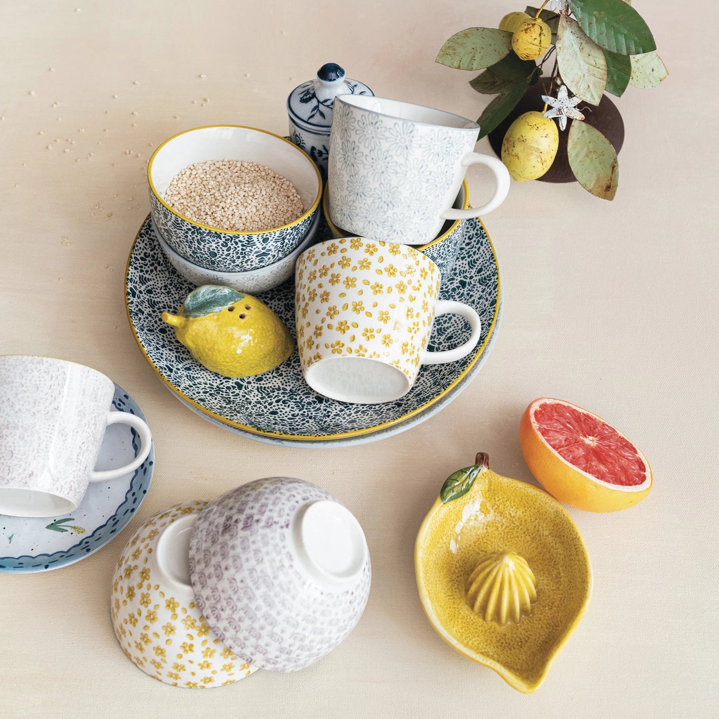 Hand-Stamped Stoneware Bowl with Pattern - 4 Styles