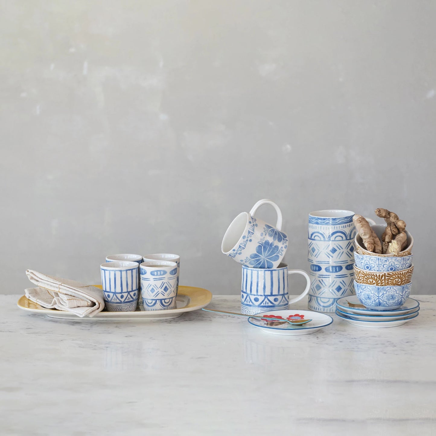 Stoneware 6 oz. Cup with Tile Pattern, Blue & White - 4 Styles