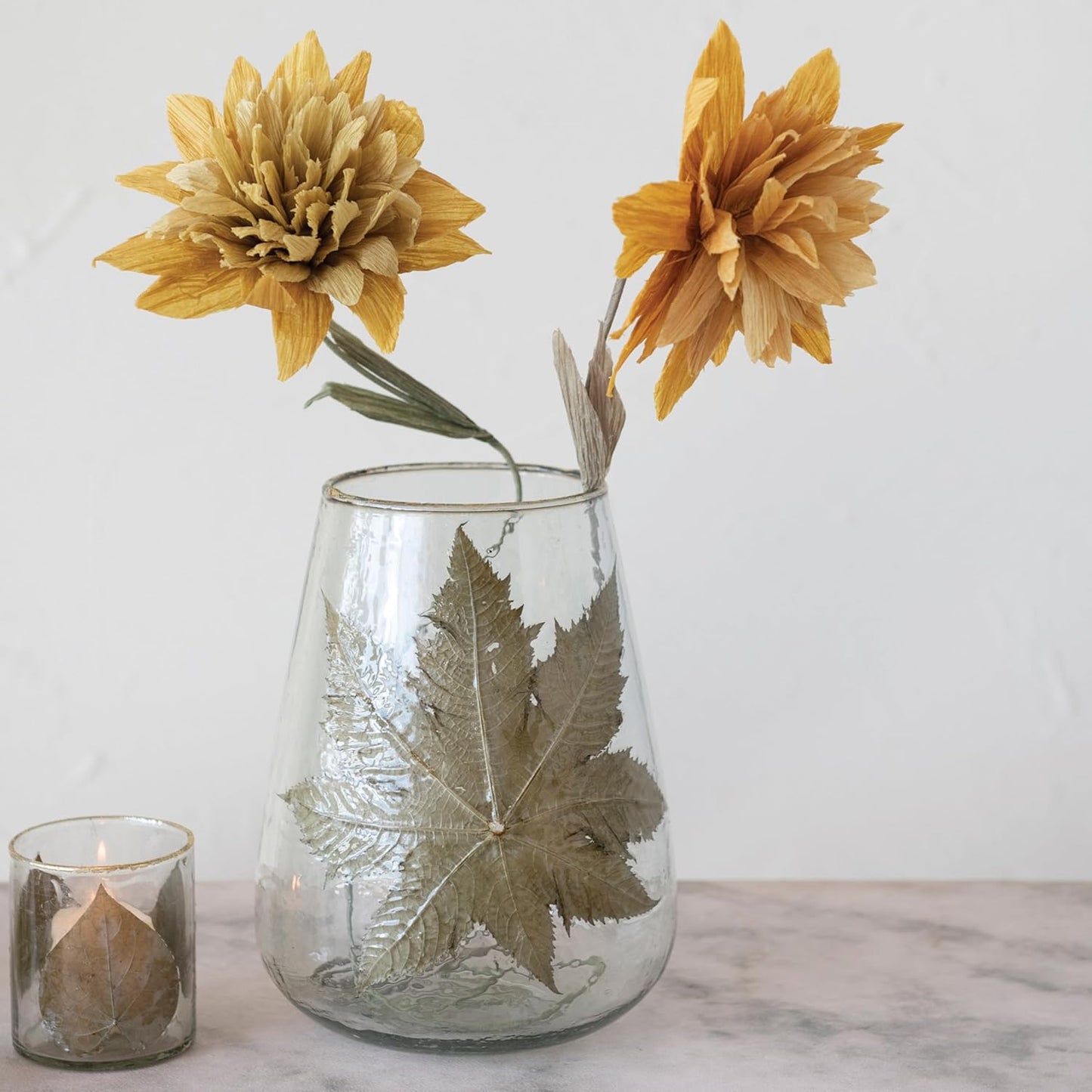 Hand-Blown Glass Hurricane w/ Embedded Papaya Leaves & Gold Foil Edge