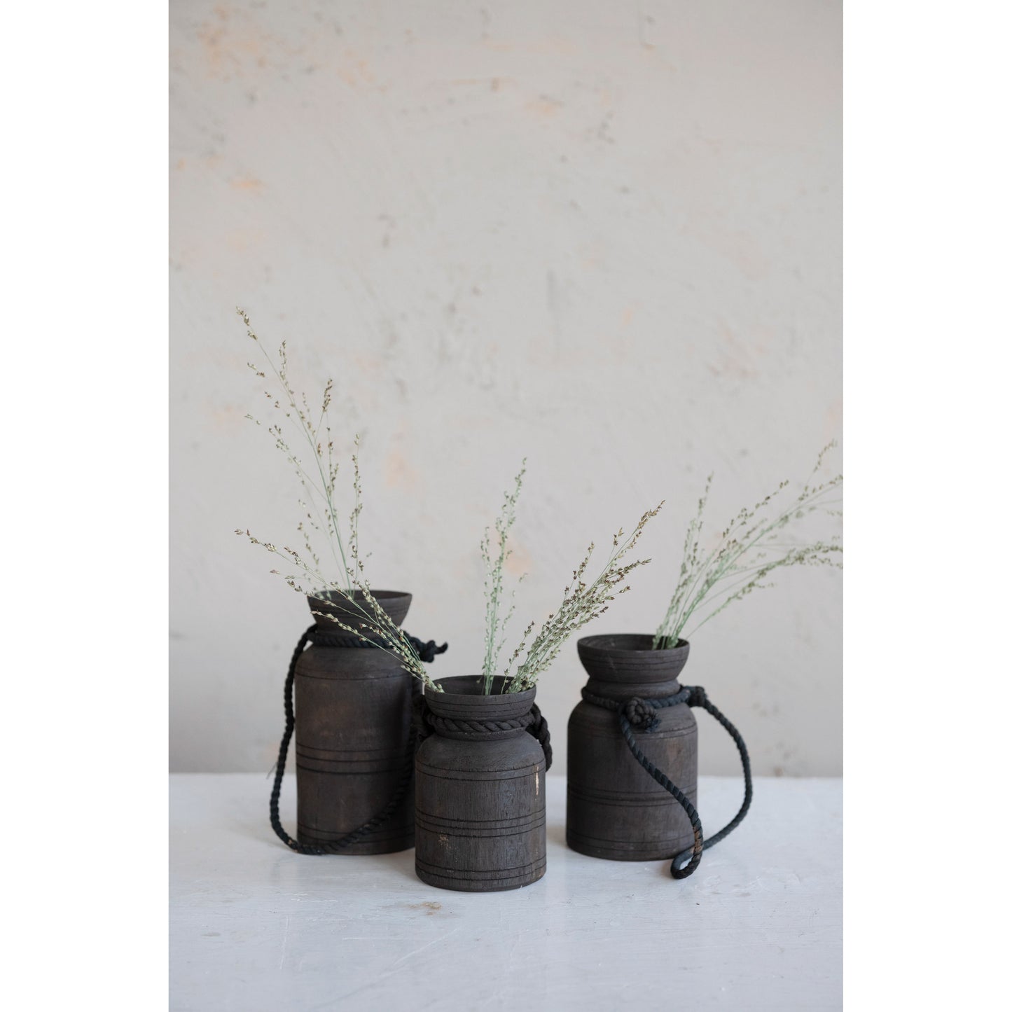 Found Decorative Wood Jug w/ Rope Handle