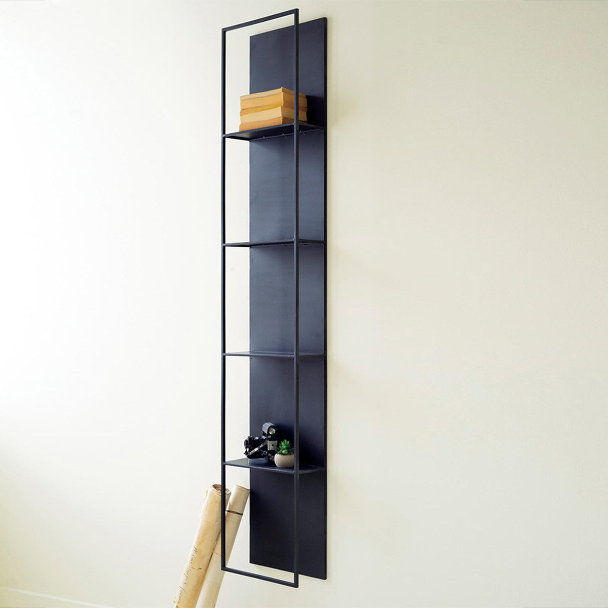 Tall Black Metal Wall Hanging with Four Shelves
