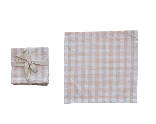 Cotton Cocktail Napkins w/ Gingham Pattern, Blush Color, Set of 4