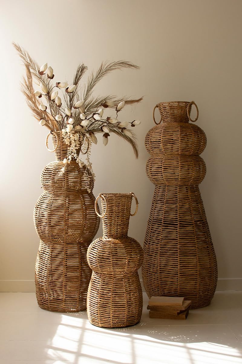 Woven Seagrass and Iron Floor Vases- Set of 3