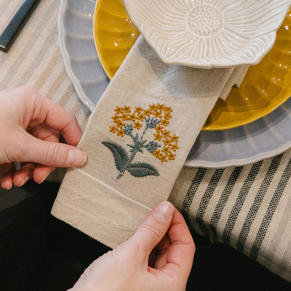 Cotton Napkins w/ Hand-Embroidery, Flowers & French Knots, Set of 4 - 2 Styles