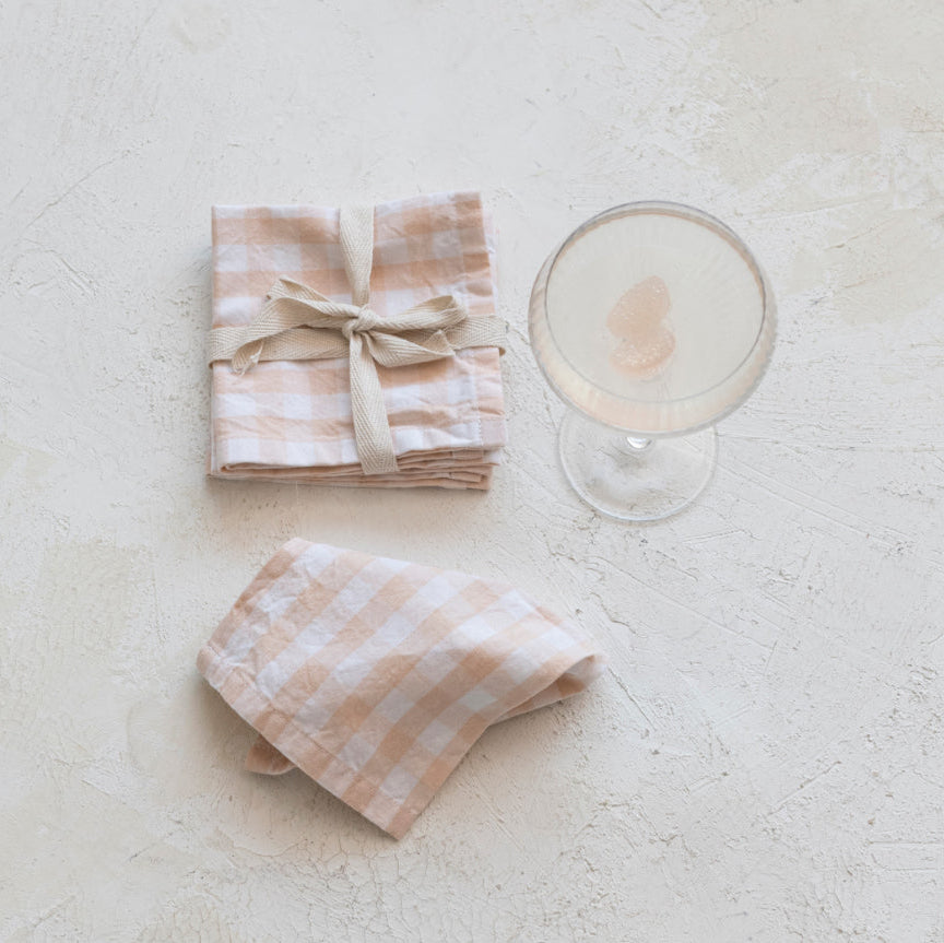 Cotton Cocktail Napkins w/ Gingham Pattern, Blush Color, Set of 4