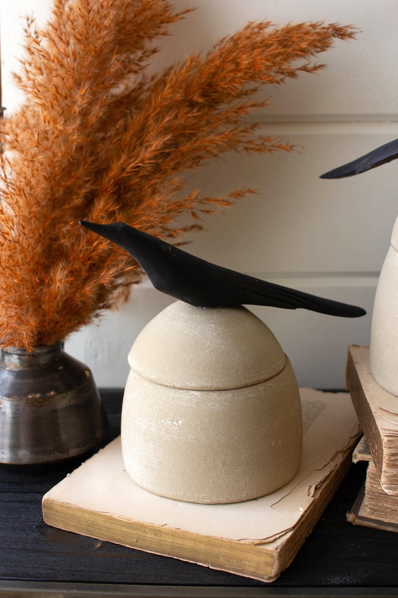Clay Canisters with Wooden Bird Handles - 2 Sizes