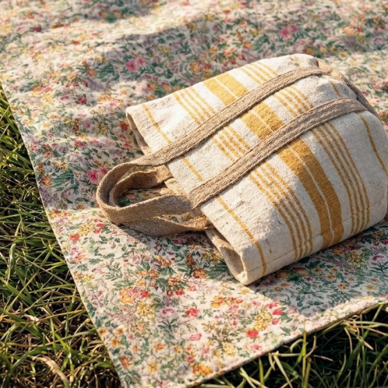 Jute & Cotton Tote Bag w/ Stripes & Handles