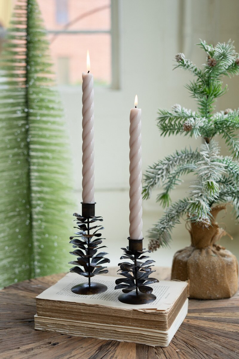 Antique Brown Metal Pine Cone Taper Holders