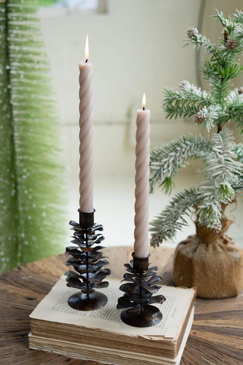 Antique Brown Metal Pine Cone Taper Holders