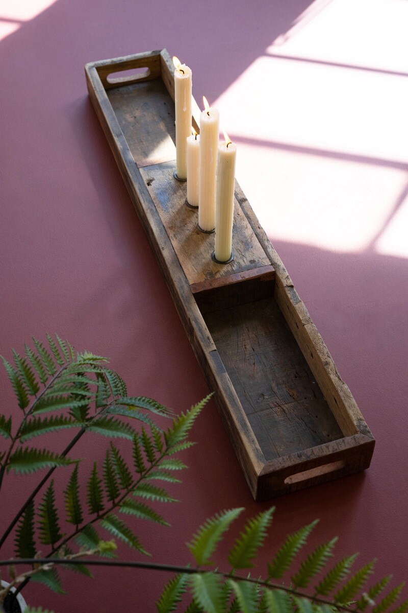 Recycled Wooden Tray with Four Taper Candle Holders
