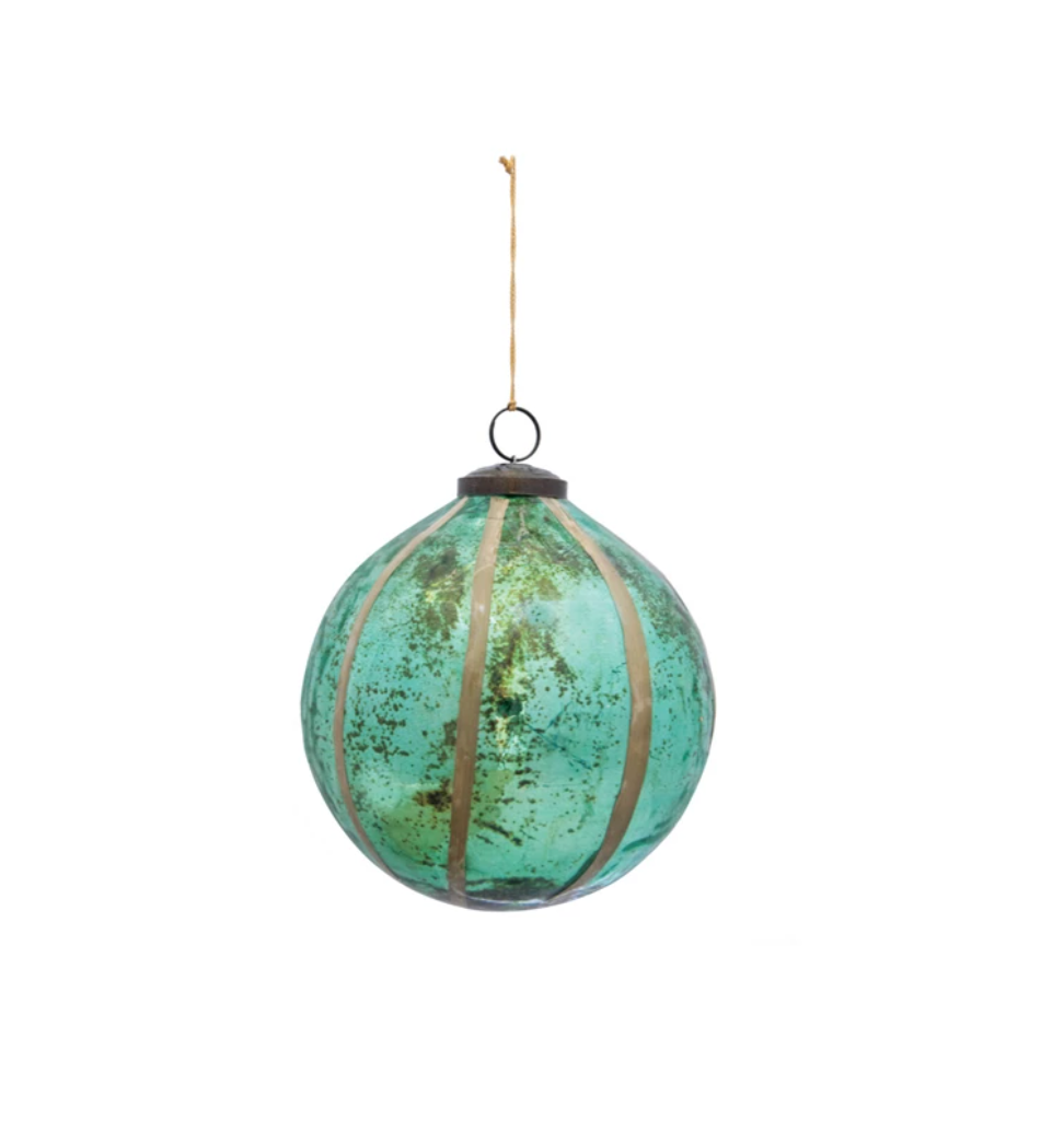 3" Recycled Glass Ball Ornament w/ Embedded Eucalyptus Leaves, Turquoise