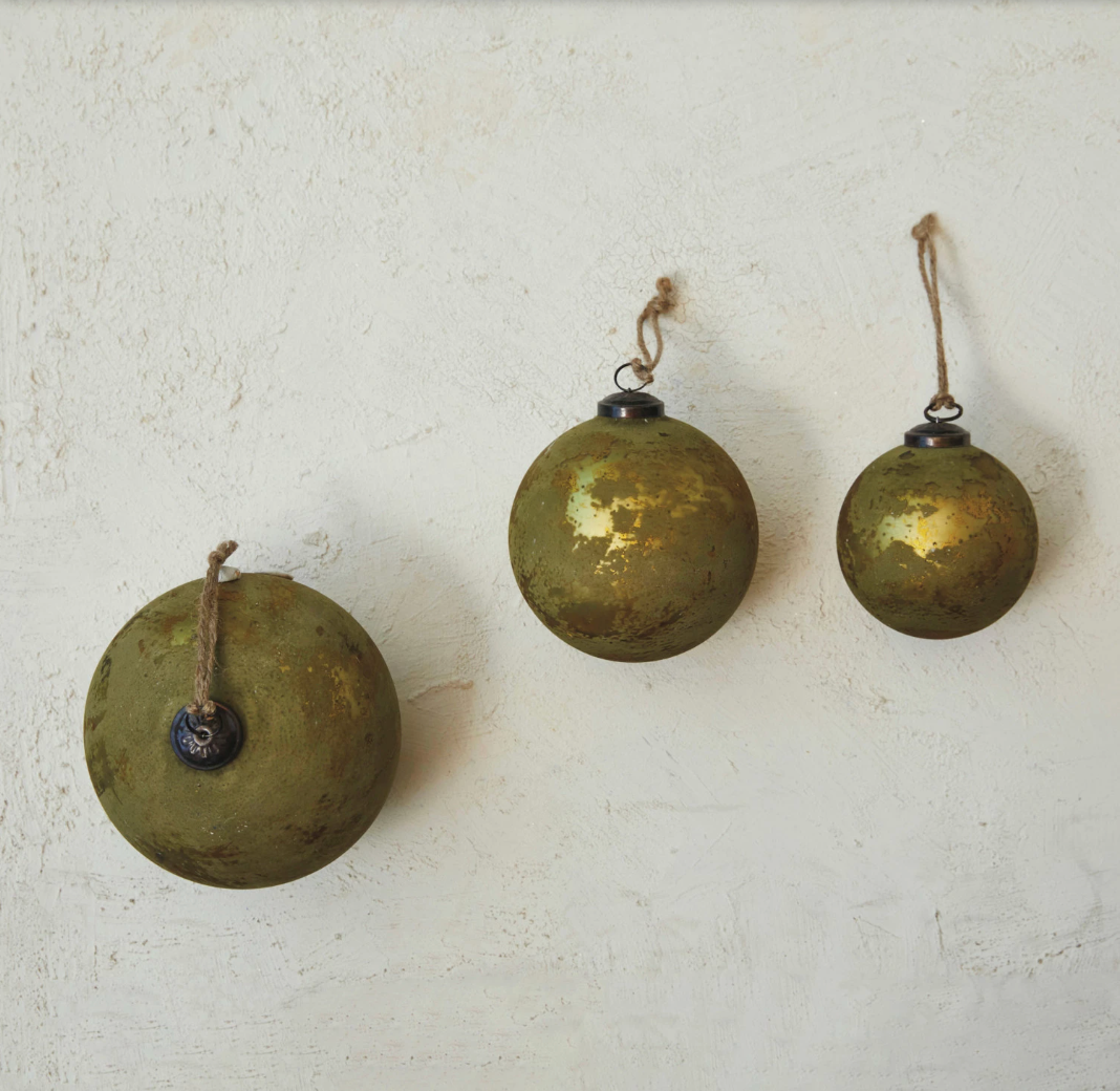 5" Recycled Glass Ball Ornament, Distressed Matte Olive Green & Gold Finish