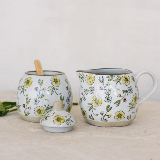 10 oz. Hand-Painted Stoneware Sugar Pot with Lid & Creamer Jar