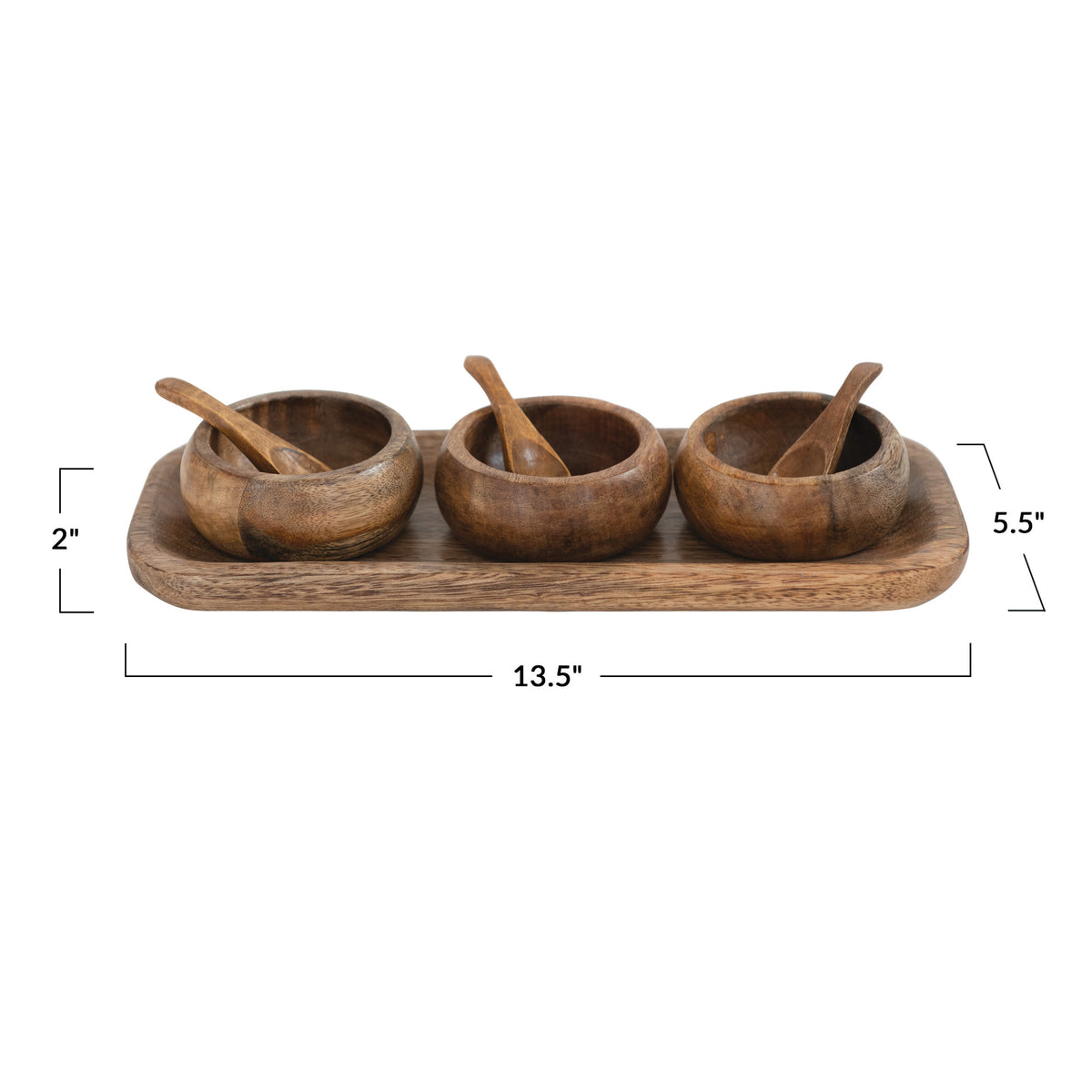 Mango Wood Tray with 3 Bowls and Spoons