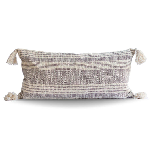 Striped Charcoal and Cream Cotton Pillow with Tassels –Decor
