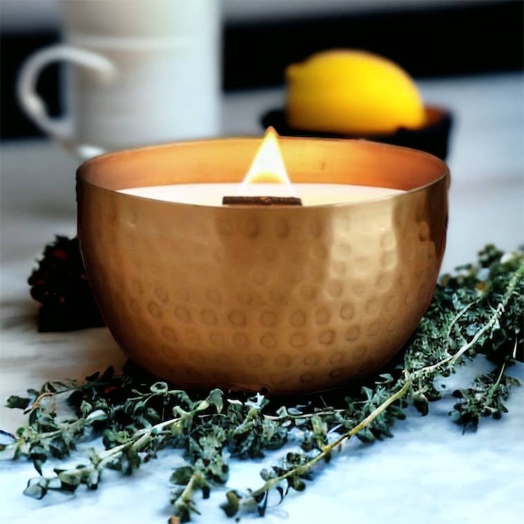 Fresh Lemon & Crushed Thyme-Solid Brass 14oz Pure Soy Candle