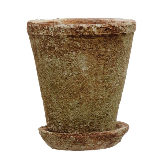 Distressed Cement Planter with Saucer, Set of 2