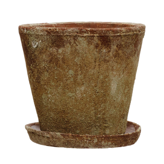 Distressed Cement Planter with Saucer, Set of 2