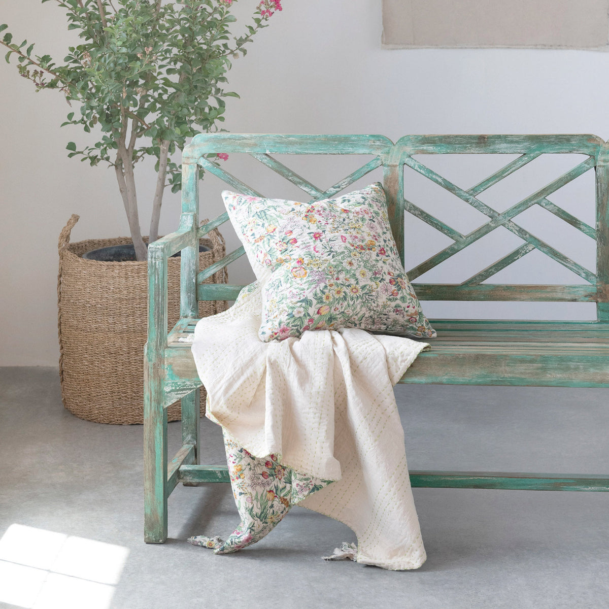 Quilted Cotton Throw with Floral Pattern, Kantha Stitch and Tassels