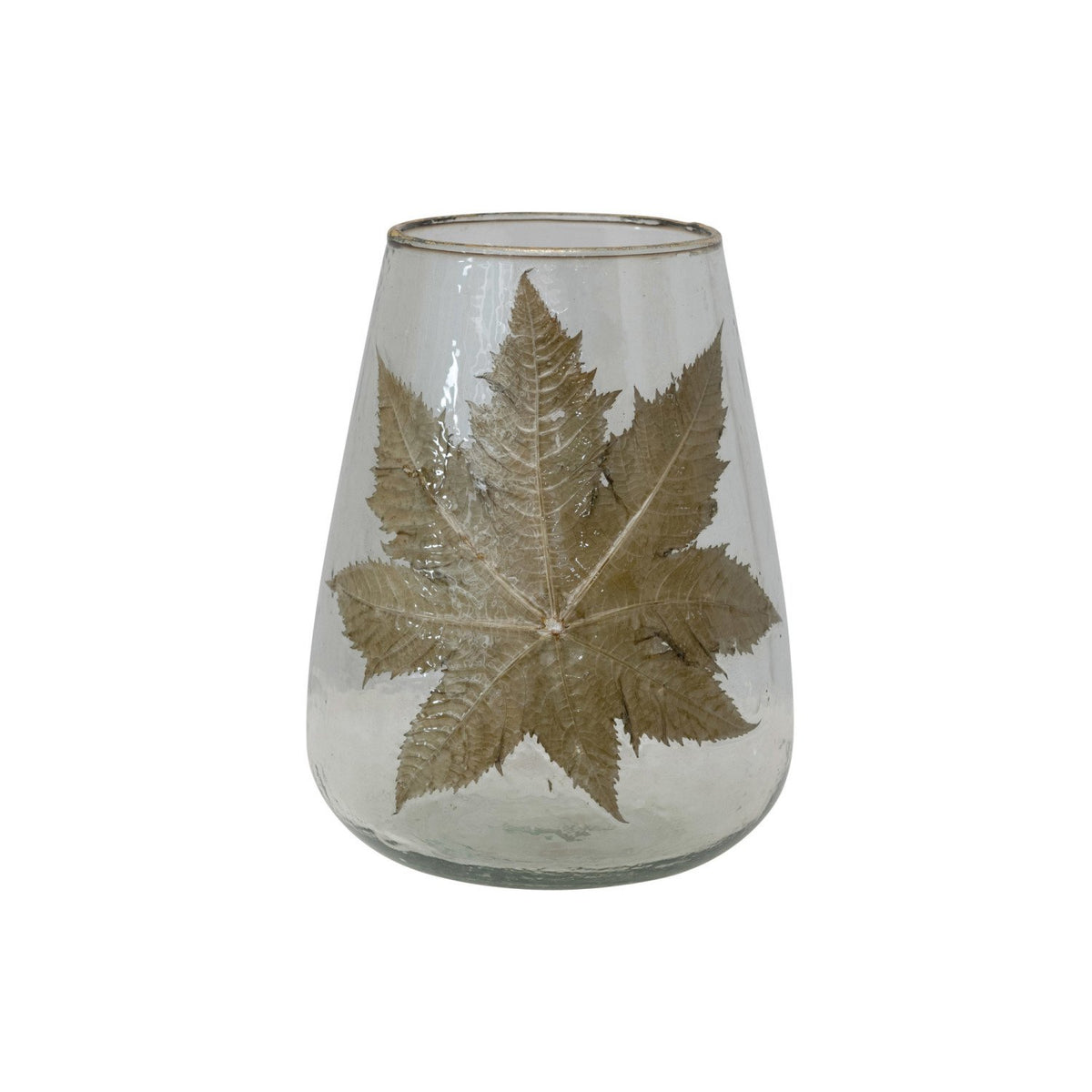 Hand-Blown Glass Hurricane w/ Embedded Papaya Leaves & Gold Foil Edge