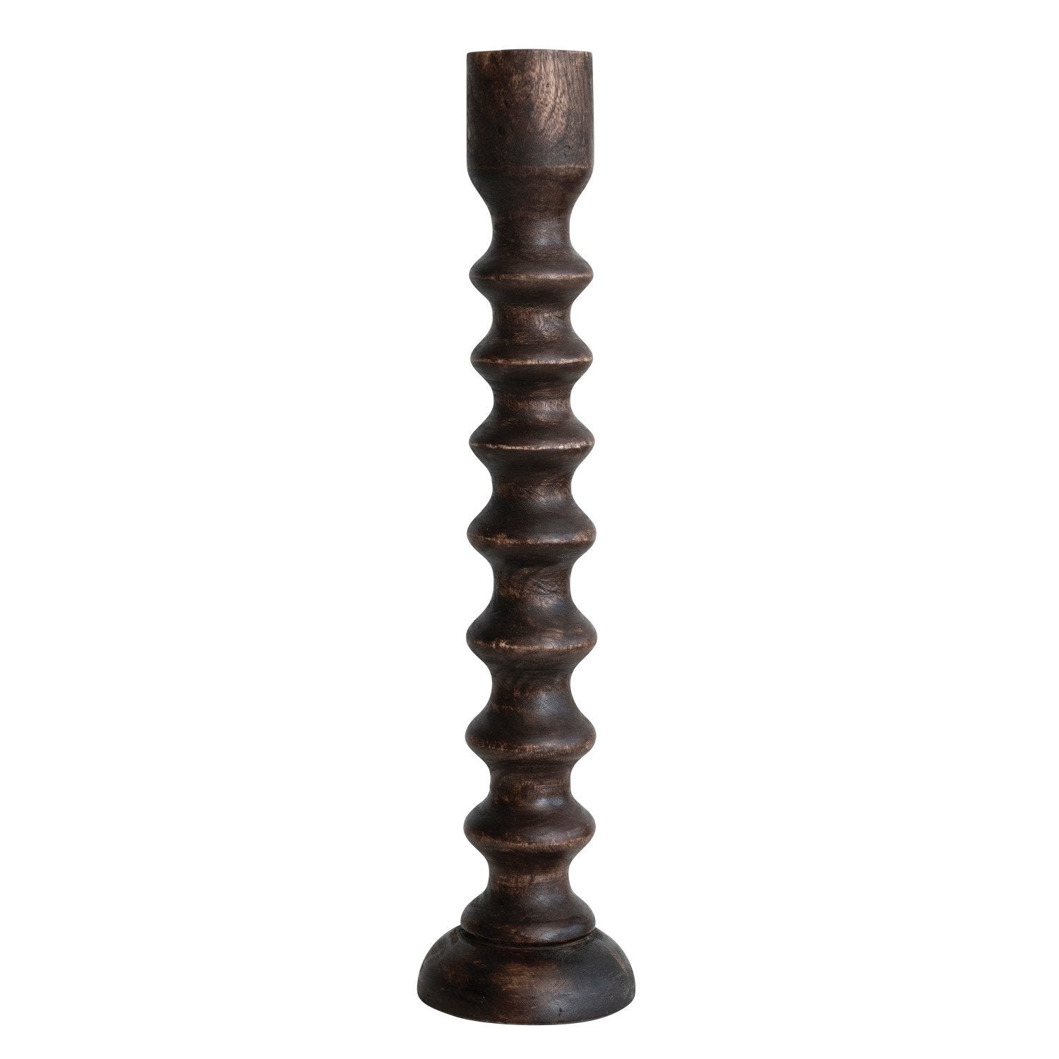 Hand-Carved Mango Wood Taper Holder, Walnut Finish