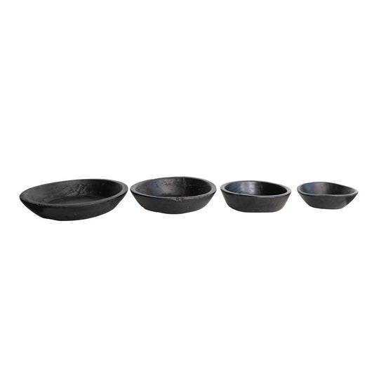 Round Decorative Reclaimed Wood Vintage Reproduction Bowls, Black, Set of 4
