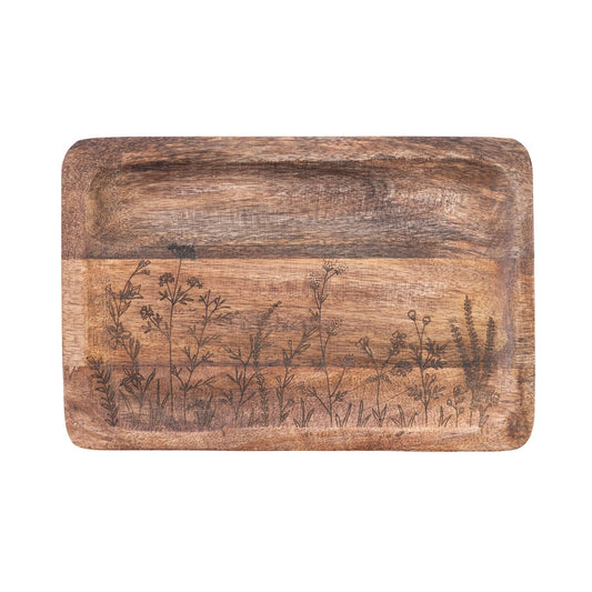 Mango Wood Tray w/ Laser Etched Botanicals, Natural