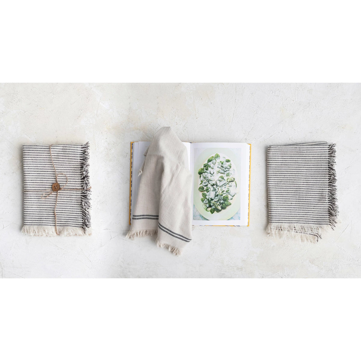 28"L x 18"W Woven Cotton Tea Towels w/ Stripes & Fringe - Set of 2