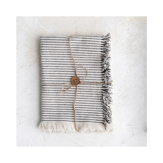 28"L x 18"W Woven Cotton Tea Towels w/ Stripes & Fringe - Set of 2