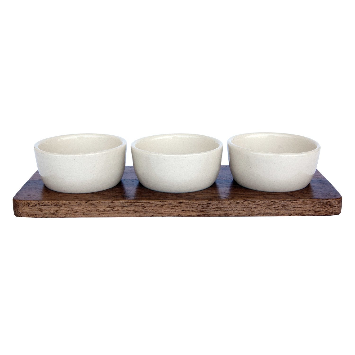 Mango Wood Tray w/ (3) 2 oz. Stoneware Bowls, Set of 4