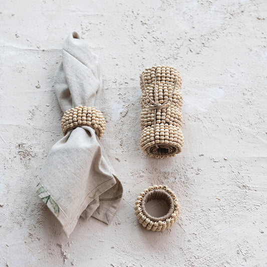 Mango Wood Bead and Jute Napkin Rings - Set of 4
