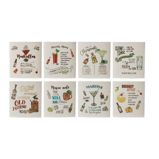 Reusable Cellulose Sponge Cloth w/ Cocktail Recipe & Art - 8 Styles