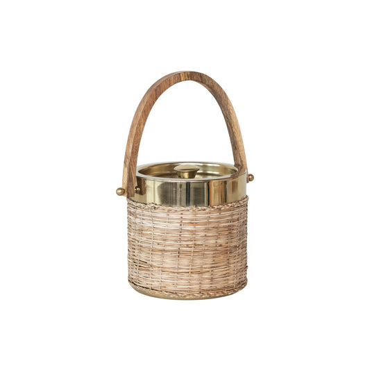 Stainless Steel & Woven Rattan Ice Bucket with Mango Wood Handle