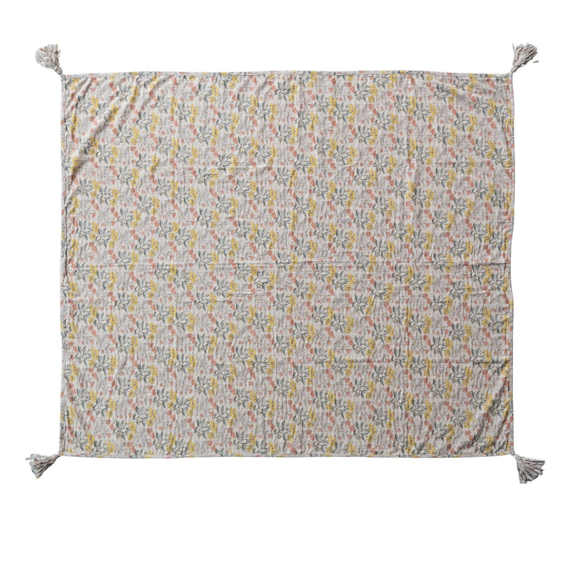 Cotton Chambray Printed Throw, Kantha Stitch & Tassels ©