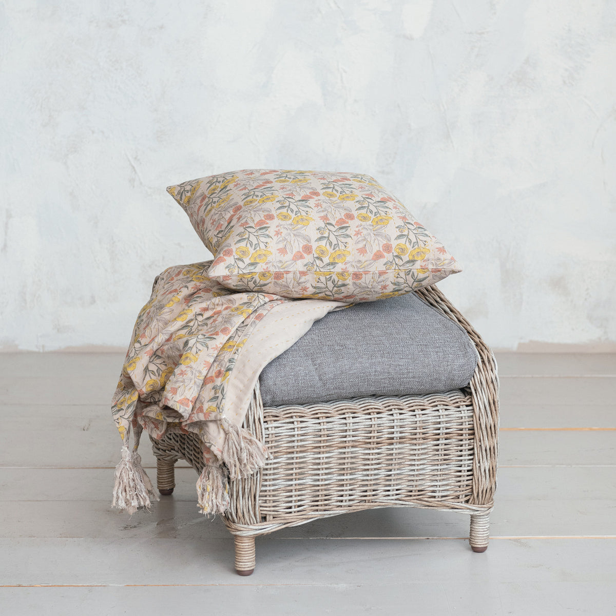 Cotton Chambray Printed Throw, Kantha Stitch & Tassels ©