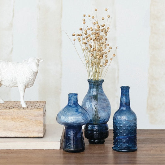 Hand-Blown Recycled Glass Vases, Blue
