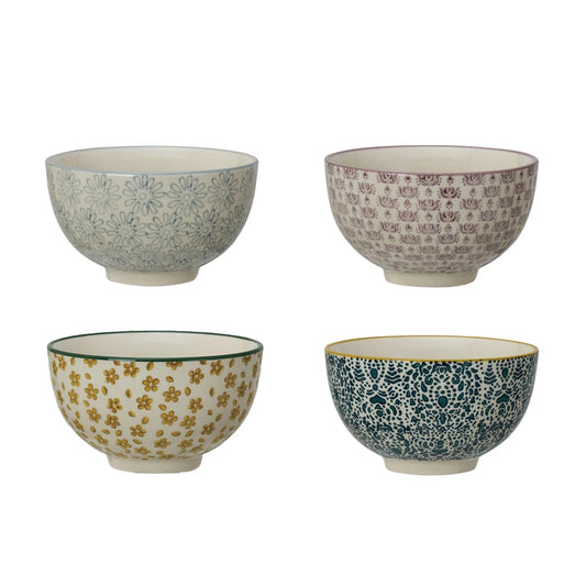 Hand-Stamped Stoneware Bowl with Pattern - 4 Styles