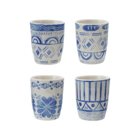 Stoneware 6 oz. Cup with Tile Pattern, Blue & White - 4 Styles